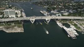 5K aerial stock footage of approaching Southeast 17th Street bridge, yachts, Fort Lauderdale, Florida Aerial Stock Footage | AX0031_109