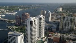 5K aerial stock footage of approaching Trump Plaza, West Palm Beach, Florida Aerial Stock Footage | AX0032_096E