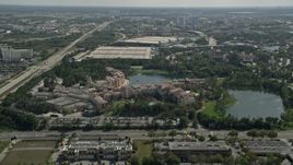 5K aerial stock footage of Loews Portofino Bay resort, Universal Studios, Florida Aerial Stock Footage | AX0035_013