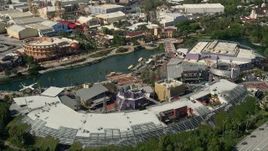 5K aerial stock footage of the City Walk at Universal Studios theme park in Orlando, Florida Aerial Stock Footage | AX0035_022
