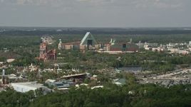 5K aerial stock footage of Walt Disney World Dolphin hotel, revealing Tower of Terror, Orlando, Florida Aerial Stock Footage | AX0035_037