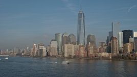 5K aerial stock footage of Freedom Tower and the World Trade Center skyline, New York City, winter Aerial Stock Footage | AX0065_0086