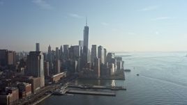5K aerial stock footage of World Trade Center towers in Lower Manhattan, New York City, winter Aerial Stock Footage | AX0065_0091E