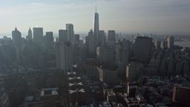 5K aerial stock footage of Freedom Tower and Lower Manhattan skyscrapers, New York City, winter Aerial Stock Footage | AX0065_0106E