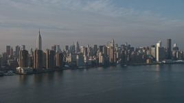 5K aerial stock footage of Empire State Building, riverfront high-rises, and Midtown skyline seen from the East River, New York City, winter Aerial Stock Footage | AX0065_0162E