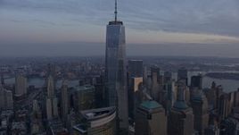 5K aerial stock footage flyby One World Trade Center and World Trade Center skyscrapers in Lower Manhattan, New York City, winter, twilight Aerial Stock Footage | AX0065_0208E