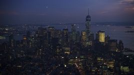 5K aerial stock footage of Freedom Tower and Lower Manhattan seen from Midtown Manhattan, New York City, winter, twilight Aerial Stock Footage | AX0065_0259E