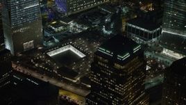 5K aerial stock footage of the World Trade Center Memorial in Lower Manhattan, New York City, winter, night Aerial Stock Footage | AX0065_0294E