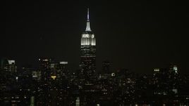 5K aerial stock footage of the Empire State Building skyscraper in Midtown Manhattan, New York City, winter, night Aerial Stock Footage | AX0065_0372