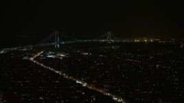 5K aerial stock footage of Verrazano-Narrows Bridge seen from Brooklyn neighborhoods in New York City, winter, night Aerial Stock Footage | AX0065_0396E