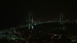 5K aerial stock footage flyby the Verrazano-Narrows Bridge in New York City, winter, night Aerial Stock Footage | AX0065_0398
