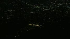 7.6K aerial stock footage orbiting the Griffith Observatory at night with a view of Hollywood in Los Angeles, California Aerial Stock Footage | AX0156_011E