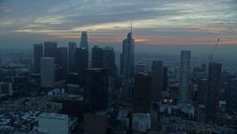 7.6K aerial stock footage approaching Downtown Los Angeles, California skyline and Wilshire Grand Center tower on a hazy morning Aerial Stock Footage | AX0156_085E