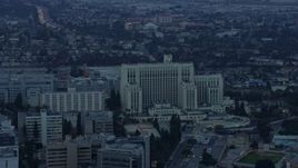 7.6K aerial stock footage of General Hospital at USC Health Sciences Campus in Boyle Heights, Los Angeles, California at sunrise Aerial Stock Footage | AX0156_091E