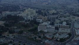 7.6K aerial stock footage of Keck Hospital and General Hospital of University of Southern California in Boyle Heights, Los Angeles, California at sunrise Aerial Stock Footage | AX0156_098E