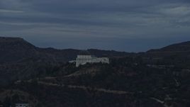 7.6K aerial stock footage orbiting the front of the Griffith Observatory, twilight, Los Angeles, California Aerial Stock Footage | AX0158_009