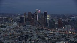 7.6K aerial stock footage of Downtown Los Angeles skyline with new skyscraper, Wilshire Grand Center, twilight, California Aerial Stock Footage | AX0158_044
