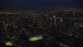 7.6K aerial stock footage passing by skyscrapers in downtown at night, Downtown Los Angeles, California Aerial Stock Footage | AX0158_075E
