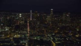 7.6K aerial stock footage of skyscrapers at night while flying by Downtown Los Angeles, California Aerial Stock Footage | AX0158_095E