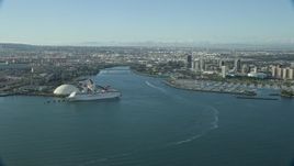 7.6K aerial stock footage of the Port of Long Beach, Los Angeles River, and Downtown Long Beach, California Aerial Stock Footage | AX0161_006E