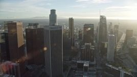 7.6K aerial stock footage of skyscrapers around the Westin Bonaventure Hotel in Downtown Los Angeles, California Aerial Stock Footage | AX0162_011E
