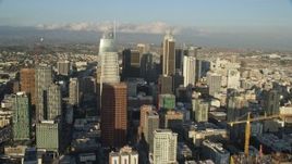 7.6K aerial stock footage flying between Wilshire Grand Center and Aon Center to approach US Bank Tower, Downtown Los Angeles, California Aerial Stock Footage | AX0162_018E