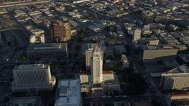7.6K aerial stock footage flying by Los Angeles City Hall in Downtown Los Angeles, California Aerial Stock Footage | AX0162_021
