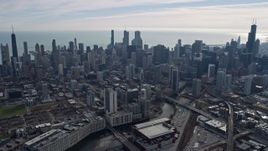 4K aerial stock footage of wide angle flying past tall skyscrapers in Downtown Chicago, Illinois Aerial Stock Footage | AX0165_0029