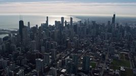 4K aerial stock footage of a view of tall skyscrapers in Downtown Chicago, Illinois Aerial Stock Footage | AX0165_0030