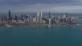 4K aerial stock footage of approaching  waterfront skyscrapers in Downtown Chicago, Illinois Aerial Stock Footage | AX0165_0037