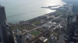 4K aerial stock footage fly over skyscrapers toward Grant Park in Downtown Chicago, Illinois Aerial Stock Footage | AX0165_0045