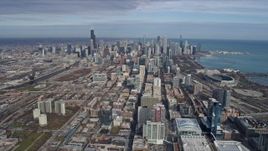 4K aerial stock footage of the Downtown Chicago skyline, Illinois, seen from South Side Aerial Stock Footage | AX0165_0048