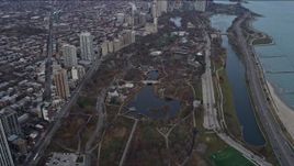 4K aerial stock footage approach and flyby Lincoln Park Zoo in Chicago, Illinois Aerial Stock Footage | AX0165_0055