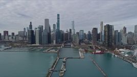 4K aerial stock footage of approaching the Downtown Chicago skyline, Illinois Aerial Stock Footage | AX0165_0072