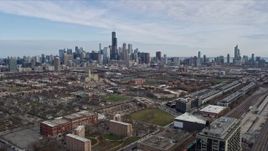 4K aerial stock footage of a view of the Downtown Chicago, Illinois skyline seen from the West Side Aerial Stock Footage | AX0166_0001