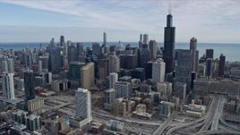 4K aerial stock footage of Willis Tower and the Downtown Chicago, Illinois skyline Aerial Stock Footage | AX0166_0003