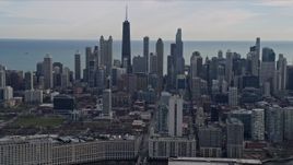 4K aerial stock footage of a view of skyscrapers in Downtown Chicago, Illinois Aerial Stock Footage | AX0166_0005