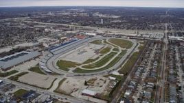 4K aerial stock footage of approaching Milwaukee Mile Speedway in West Allis, Wisconsin Aerial Stock Footage | AX0166_0067
