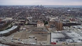 4K aerial stock footage of flying by the Miller Brewery in Milwaukee, Wisconsin Aerial Stock Footage | AX0166_0071
