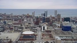4K aerial stock footage of flying over the county courthouse approaching condominiums in Milwaukee, Wisconsin Aerial Stock Footage | AX0166_0074