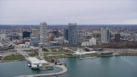 4K aerial stock footage of skyscrapers and lakefront museums in Milwaukee, Wisconsin Aerial Stock Footage | AX0166_0078