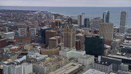 4K aerial stock footage of flying by and approaching downtown skyscrapers in Milwaukee, Wisconsin Aerial Stock Footage | AX0166_0081