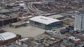 4K aerial stock footage of Fiserv Forum arena in Milwaukee, Wisconsin Aerial Stock Footage | AX0166_0085