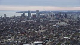 4K aerial stock footage of a wide view of skyscrapers in downtown, Milwaukee, Wisconsin Aerial Stock Footage | AX0167_0005