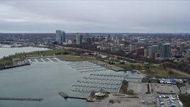 4K aerial stock footage of approaching skyscrapers in downtown and marina, Milwaukee, Wisconsin Aerial Stock Footage | AX0167_0010