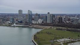 4K aerial stock footage of skyscrapers and Milwaukee Art Museum seen from the lake, Milwaukee, Wisconsin Aerial Stock Footage | AX0167_0011