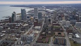 4K aerial stock footage of passing skyscrapers and office buildings in downtown, Milwaukee, Wisconsin Aerial Stock Footage | AX0167_0023