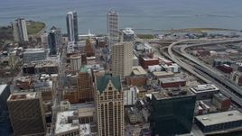 4K aerial stock footage of skyscrapers and office buildings in downtown, Milwaukee, Wisconsin Aerial Stock Footage | AX0167_0026