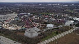 4K aerial stock footage of flying by and away from Six Flags Great America in Gurnee, Illinois Aerial Stock Footage | AX0167_0055
