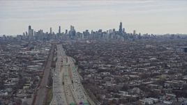 4K aerial stock footage of approaching the Downtown Chicago skyline, Illinois Aerial Stock Footage | AX0167_0079
